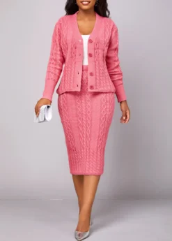 Peach Red Long Sleeve Button Top And Skirt