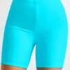 High Waisted Cyan Stretch Swim Shorts