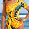 Asymmetry Tribal Print Yellow Belted One Piece Swimwear