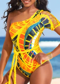 Asymmetry Tribal Print Yellow Belted One Piece Swimwear -Elegance Swimwear Store 320016 P 16727957799382