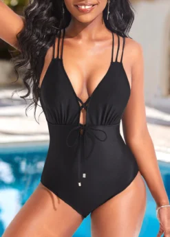 Criss Cross Black Tie Front One Piece Swimwear