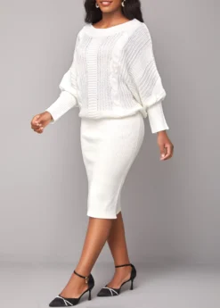 White Long Sleeve Boat Neck Bodycon Dress -Elegance Swimwear Store 320469 P 16693699422312