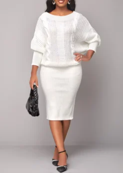 White Long Sleeve Boat Neck Bodycon Dress -Elegance Swimwear Store 320469 P 16693699426243