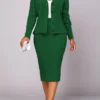 Blackish Green Long Sleeve Button Top And Skirt