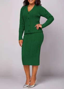 Blackish Green Long Sleeve Button Top And Skirt -Elegance Swimwear Store 320541 P 16692532348513