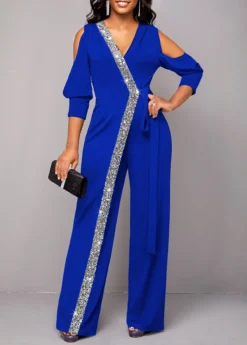 Royal Blue V Neck Sequin Jumpsuit