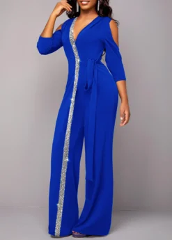 Royal Blue V Neck Sequin Jumpsuit -Elegance Swimwear Store 320703 P 16696022436452