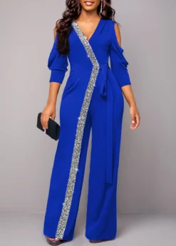 Royal Blue V Neck Sequin Jumpsuit -Elegance Swimwear Store 320703 P 16696022436513