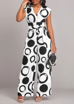 White Geometric Print Belted Short Sleeve Jumpsuit