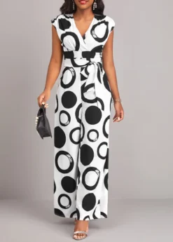 White Geometric Print Belted Short Sleeve Jumpsuit -Elegance Swimwear Store 320715 P 16752180949513