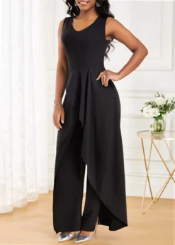 Black Split Long Sleeveless V Neck Jumpsuit -Elegance Swimwear Store 320731 P 16733506313522