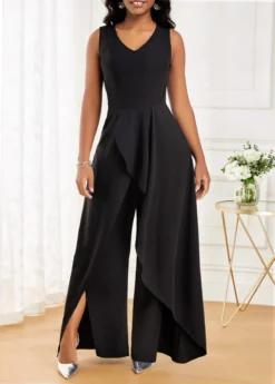 Black Split Long Sleeveless V Neck Jumpsuit -Elegance Swimwear Store 320731 P 16733506314143