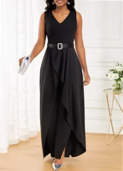 Black Split Long Sleeveless V Neck Jumpsuit -Elegance Swimwear Store 320731 P 16733506315054