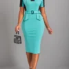 Cyan Split Belted Short Sleeve Bodycon Dress
