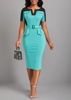 Cyan Split Belted Short Sleeve Bodycon Dress