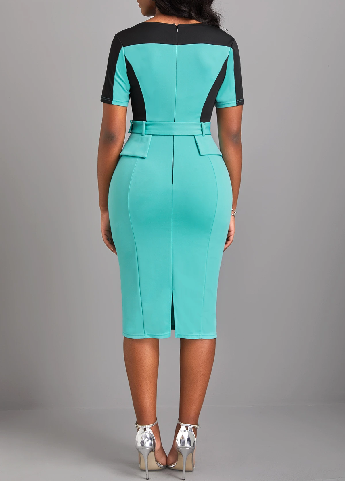 Cyan Split Belted Short Sleeve Bodycon Dress 2 Cyan Split Belted Short Sleeve Bodycon Dress - Image 2