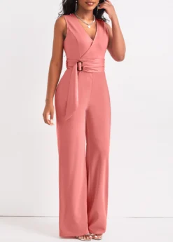 Dusty Pink Tie Long Belted Sleeveless Jumpsuit -Elegance Swimwear Store 320739 P 16752510631634