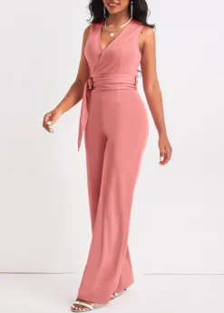 Dusty Pink Tie Long Belted Sleeveless Jumpsuit -Elegance Swimwear Store 320739 P 16752510635082