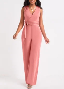 Dusty Pink Tie Long Belted Sleeveless Jumpsuit -Elegance Swimwear Store 320739 P 16752510635703