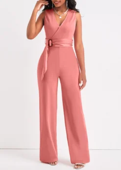 Dusty Pink Tie Long Belted Sleeveless Jumpsuit