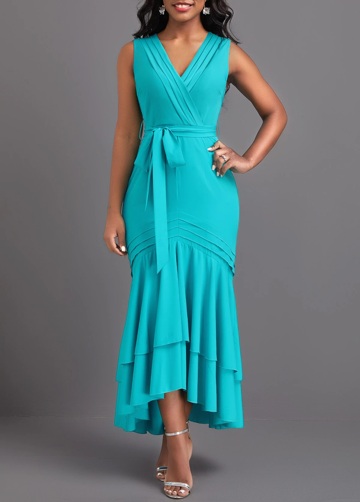 Cyan Mermaid Belted Sleeveless V Neck Bodycon Dress 4 Cyan Mermaid Belted Sleeveless V Neck Bodycon Dress - Image 4