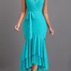 Cyan Mermaid Belted Sleeveless V Neck Bodycon Dress