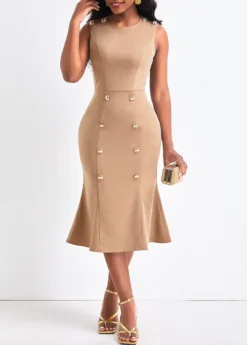 Light Camel Double Breasted Sleeveless Bodycon Dress -Elegance Swimwear Store 321875 P 16762824029503