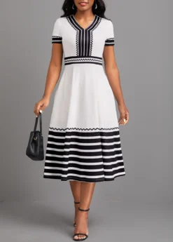 White Patchwork Striped Short Sleeve V Neck Dress 9 White Patchwork Striped Short Sleeve V Neck Dress -Elegance Swimwear Store 321876 P 16755094491554