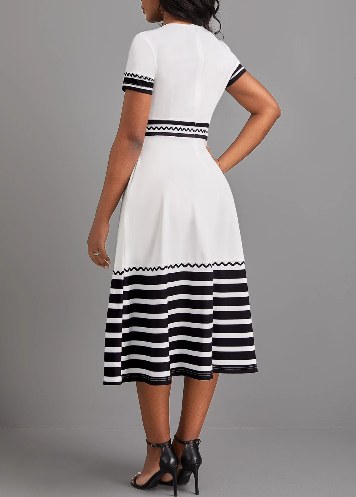 White Patchwork Striped Short Sleeve V Neck Dress 2 White Patchwork Striped Short Sleeve V Neck Dress - Image 2