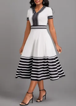 White Patchwork Striped Short Sleeve V Neck Dress 8 White Patchwork Striped Short Sleeve V Neck Dress -Elegance Swimwear Store 321876 P 16755094498143