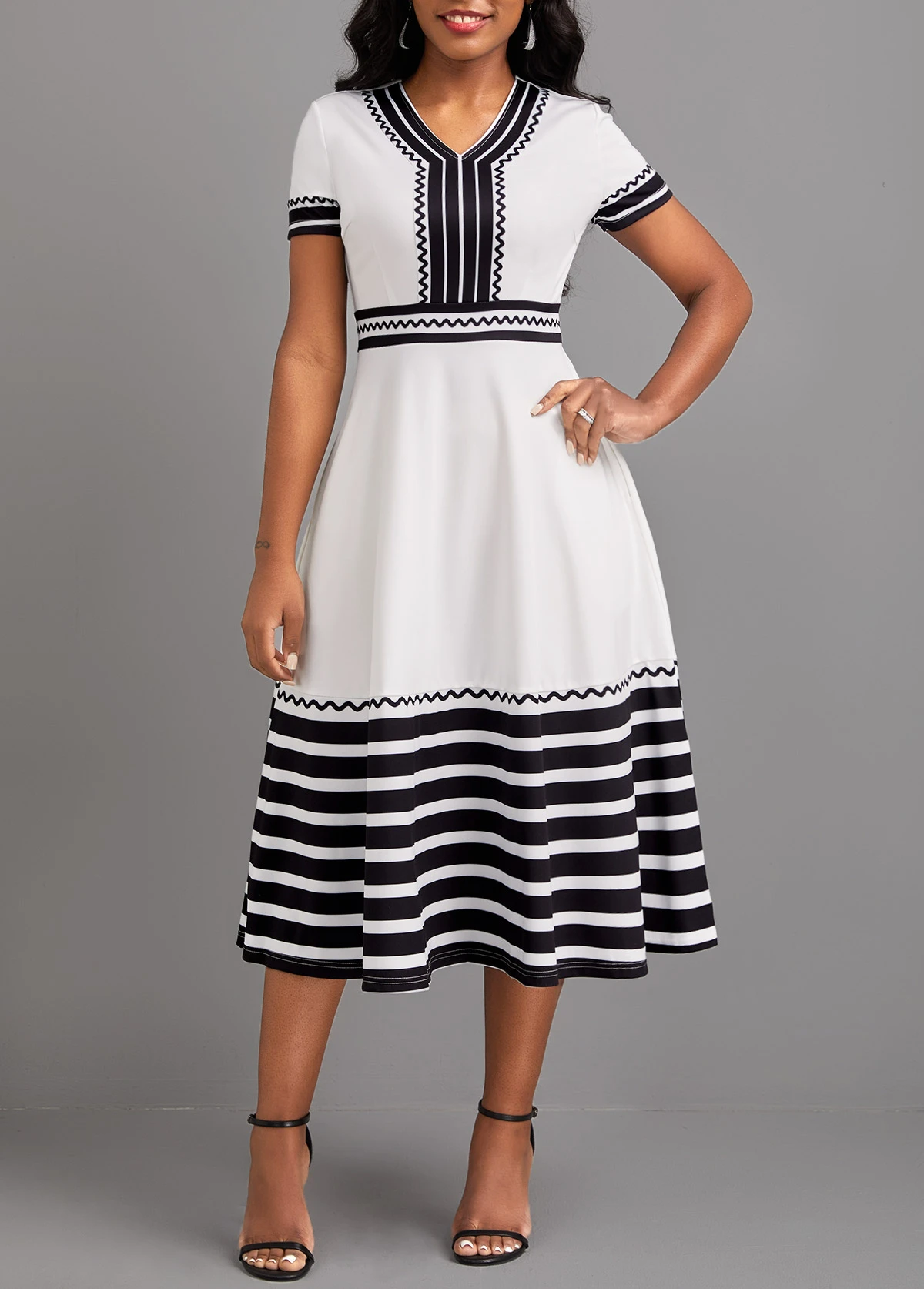 White Patchwork Striped Short Sleeve V Neck Dress 3 White Patchwork Striped Short Sleeve V Neck Dress - Image 3