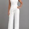White Lace Long Sleeveless Turn Down Collar Jumpsuit
