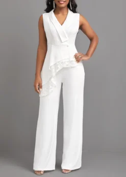 White Lace Long Sleeveless Turn Down Collar Jumpsuit