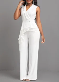 White Lace Long Sleeveless Turn Down Collar Jumpsuit -Elegance Swimwear Store 321878 P 16760288092352