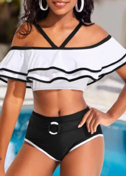 Contrast Binding Mid Waisted White Bikini Set