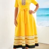 Yellow Patchwork Striped Belted Short Sleeve Maxi Dress