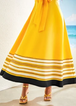 Yellow Patchwork Striped Belted Short Sleeve Maxi Dress -Elegance Swimwear Store 321938 P 16764568326865