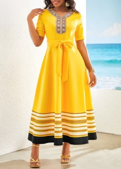 Yellow Patchwork Striped Belted Short Sleeve Maxi Dress -Elegance Swimwear Store 321938 P 16764568327024