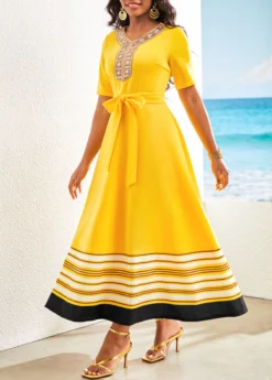 Yellow Patchwork Striped Belted Short Sleeve Maxi Dress -Elegance Swimwear Store 321938 P 16764568328622