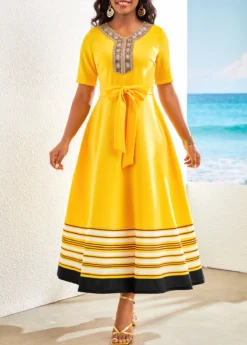 Yellow Patchwork Striped Belted Short Sleeve Maxi Dress -Elegance Swimwear Store 321938 P 16764568328770