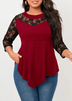 Wine Red Lace Plus Size T Shirt 7 Wine Red Lace Plus Size T Shirt -Elegance Swimwear Store 321988 P 16708422430743