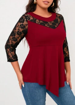 Wine Red Lace Plus Size T Shirt 6 Wine Red Lace Plus Size T Shirt -Elegance Swimwear Store 321988 P 16708422435812