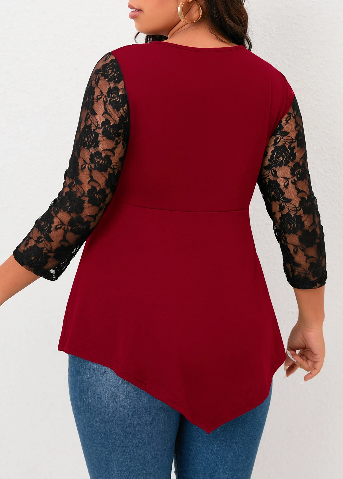Wine Red Lace Plus Size T Shirt 2 Wine Red Lace Plus Size T Shirt - Image 2