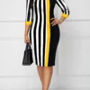 Black Striped Three Quarter Length Sleeve Bodycon Dress