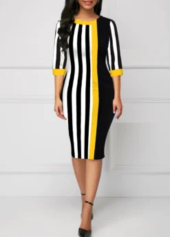 Black Striped Three Quarter Length Sleeve Bodycon Dress -Elegance Swimwear Store 322137 P 16811904456533