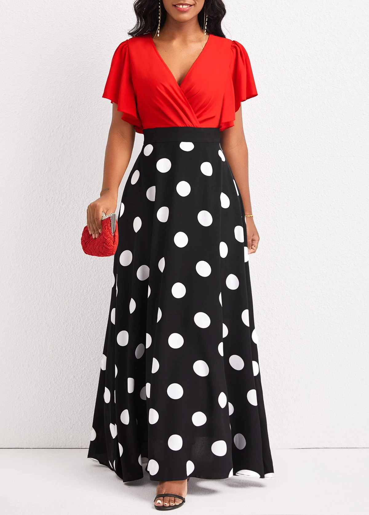 Black Patchwork Polka Dot Short Sleeve Maxi Dress 1 Black Patchwork Polka Dot Short Sleeve Maxi Dress