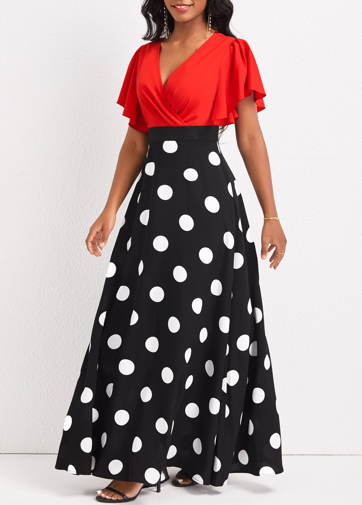 Black Patchwork Polka Dot Short Sleeve Maxi Dress 3 Black Patchwork Polka Dot Short Sleeve Maxi Dress - Image 3