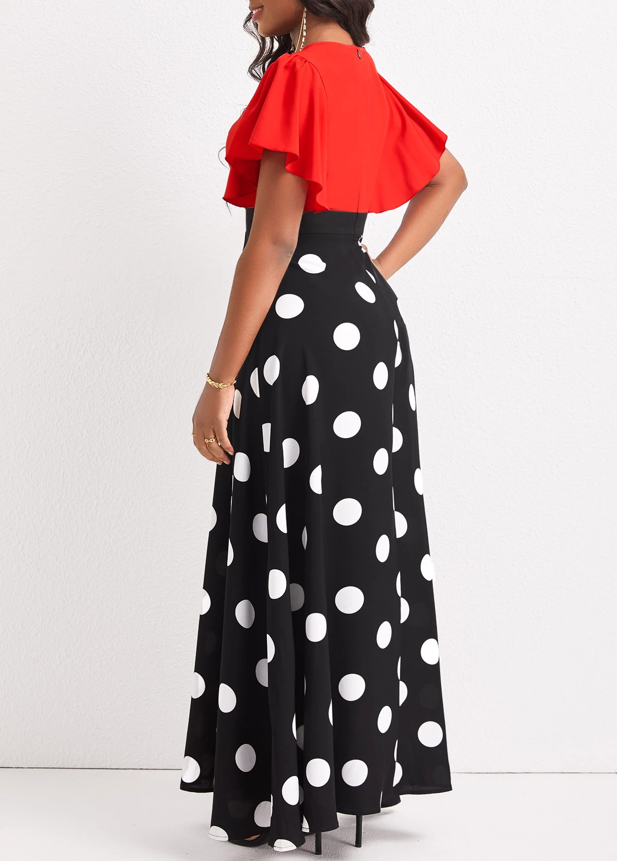 Black Patchwork Polka Dot Short Sleeve Maxi Dress 2 Black Patchwork Polka Dot Short Sleeve Maxi Dress - Image 2
