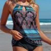 Cut Out Tribal Print Multi Color Tankini Set