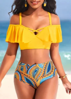 Ruffle Mid Waisted Paisley Print Yellow Bikini Set -Elegance Swimwear Store 322434 P 16735758721173